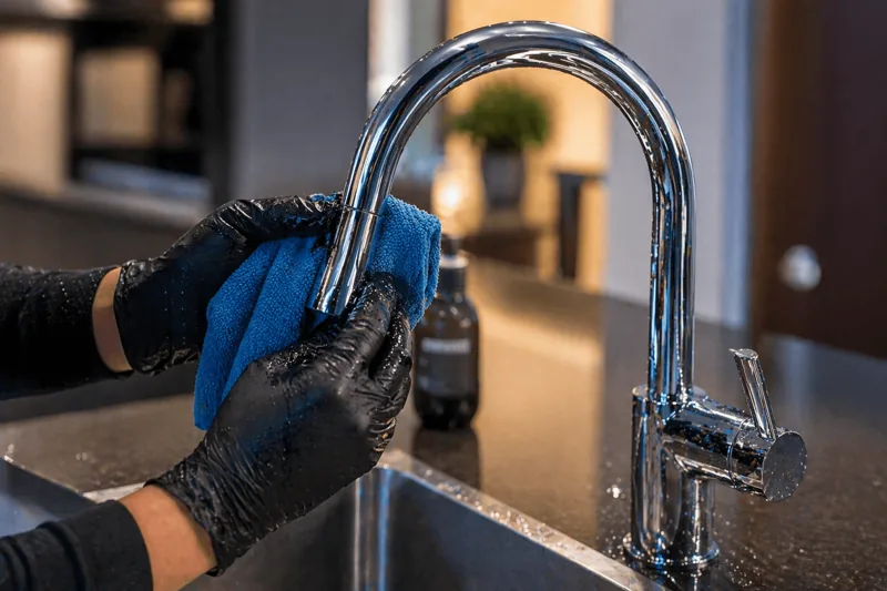 Entkalkte Armatur in einem frisch gereinigten Badezimmer