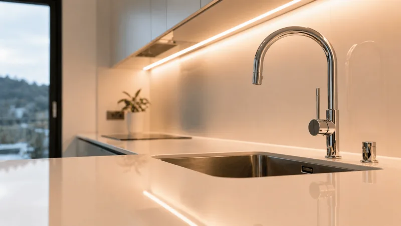 Gereinigte moderne Küche vor der Wohnungsabgabe, bereit für die Sichtung durch die Verwaltung