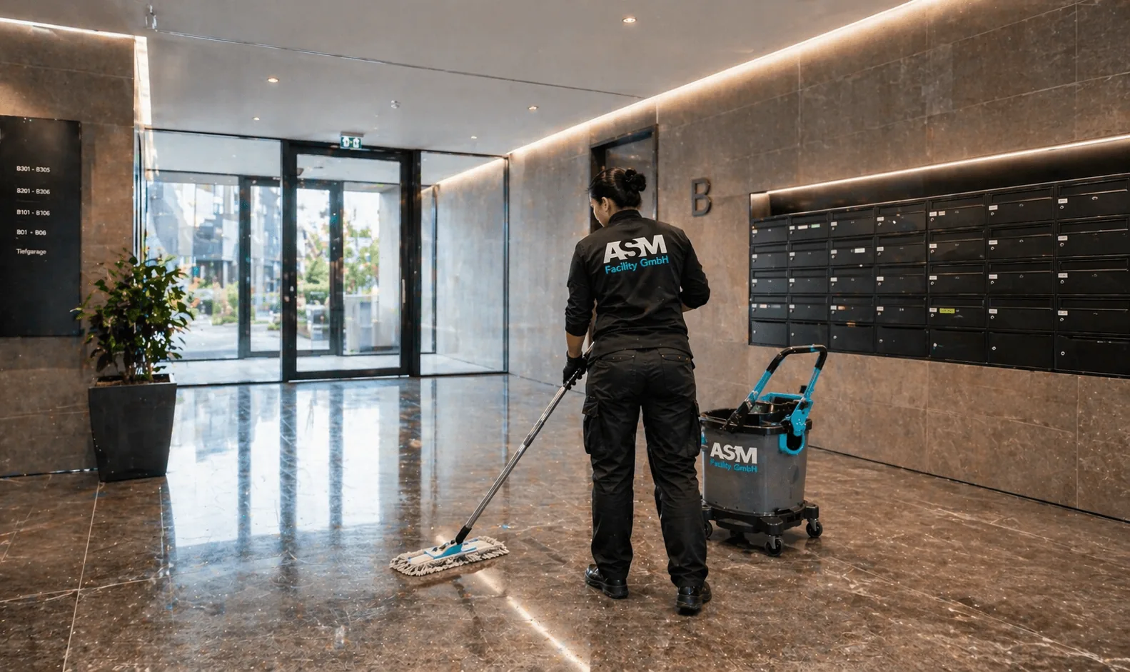 ASM Mitarbeitende reinigen eine Eingangshalle