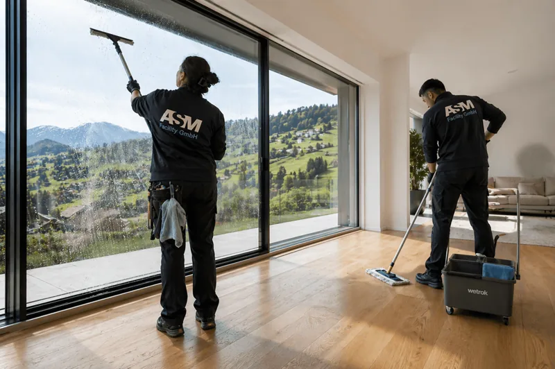 Fensterreinigung im Einsatz: zwei Mitarbeitende von ASM Facility bei der Fensterreinigung
